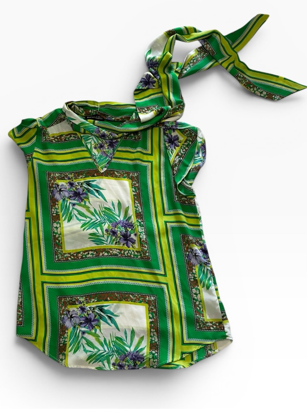 Green Floral Scarf-Neck Blouse